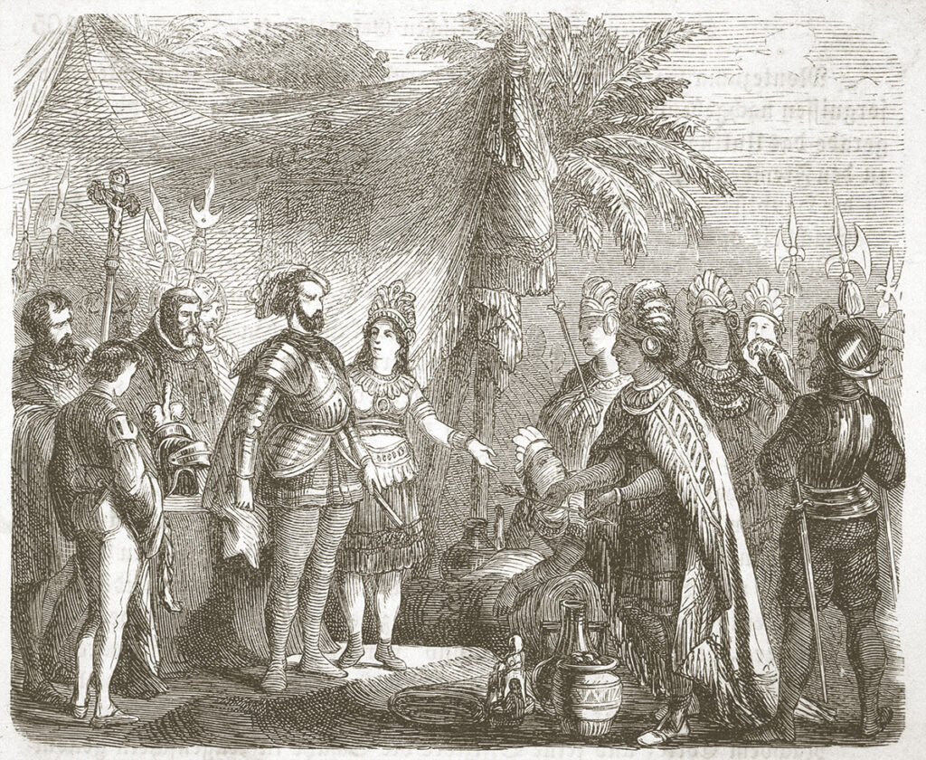 Drawing of Cortes, accompanied by his interpreter Dona Marina, receives the Mexican embassy. Date: 1519