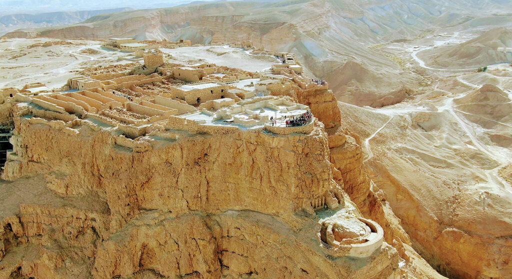 Photo of a bird's-eye view of the Ancient 1st-century Fortress of Masada in Israel from a drone.