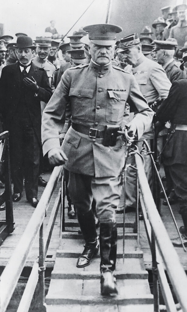 Photo of Pershing, commander in chief of the American Expeditionary Forces, arrives in France in June 1917.