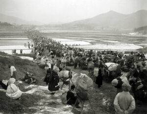 Photo of refugees fleeing Seoul, heading south as Communist forces advance from the north during the Korean War in January 1951. ROK Air Force Col. Han Jin-Hwan’s family lost their possessions during the North Korean occupation of Seoul. He believed his country owed a debt to the U.S. for its assistance during the war.