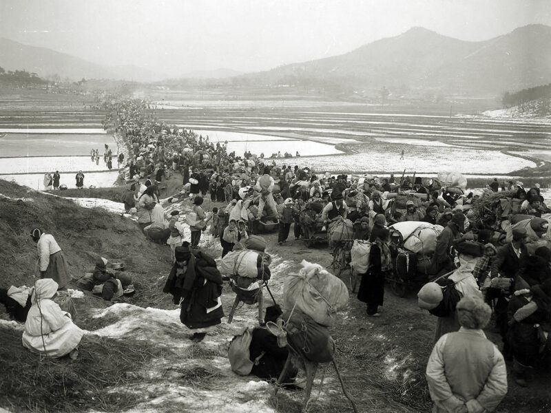 Photo of refugees fleeing Seoul, heading south as Communist forces advance from the north during the Korean War in January 1951. ROK Air Force Col. Han Jin-Hwan’s family lost their possessions during the North Korean occupation of Seoul. He believed his country owed a debt to the U.S. for its assistance during the war.