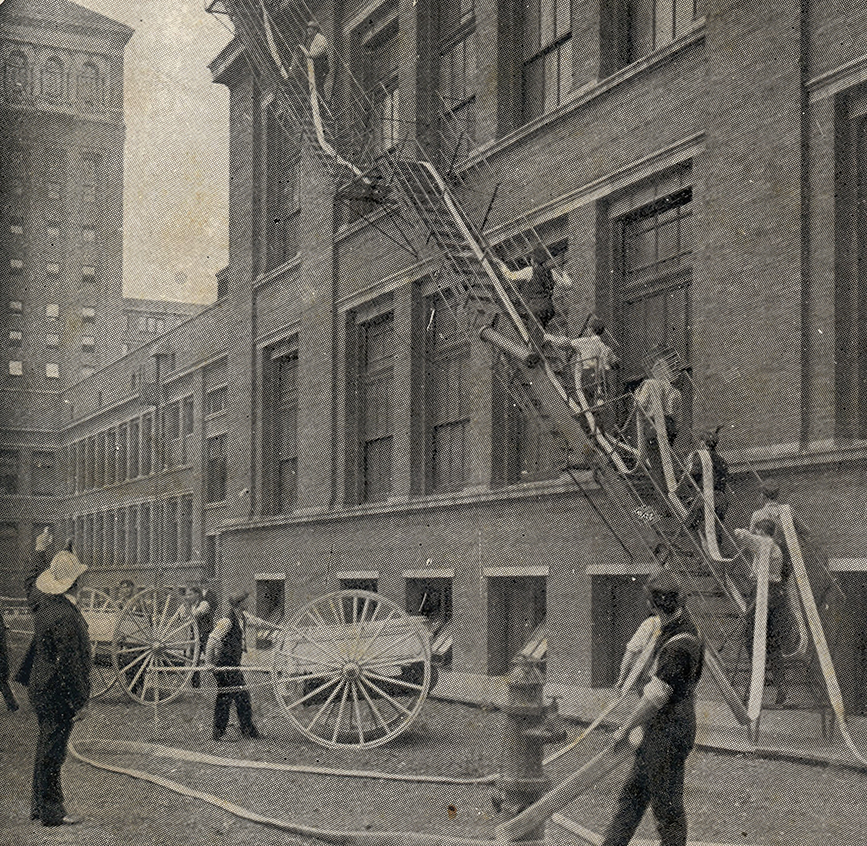 Stereographic view of the Sears, Roebuck & Co. fire drill.