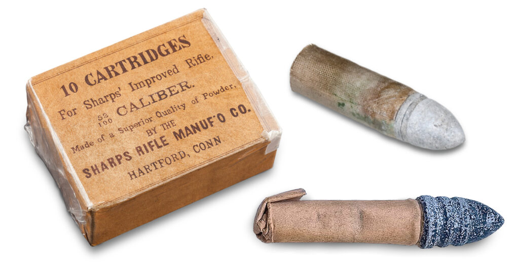 Sharps rifle cartridge box and two types of cartridge