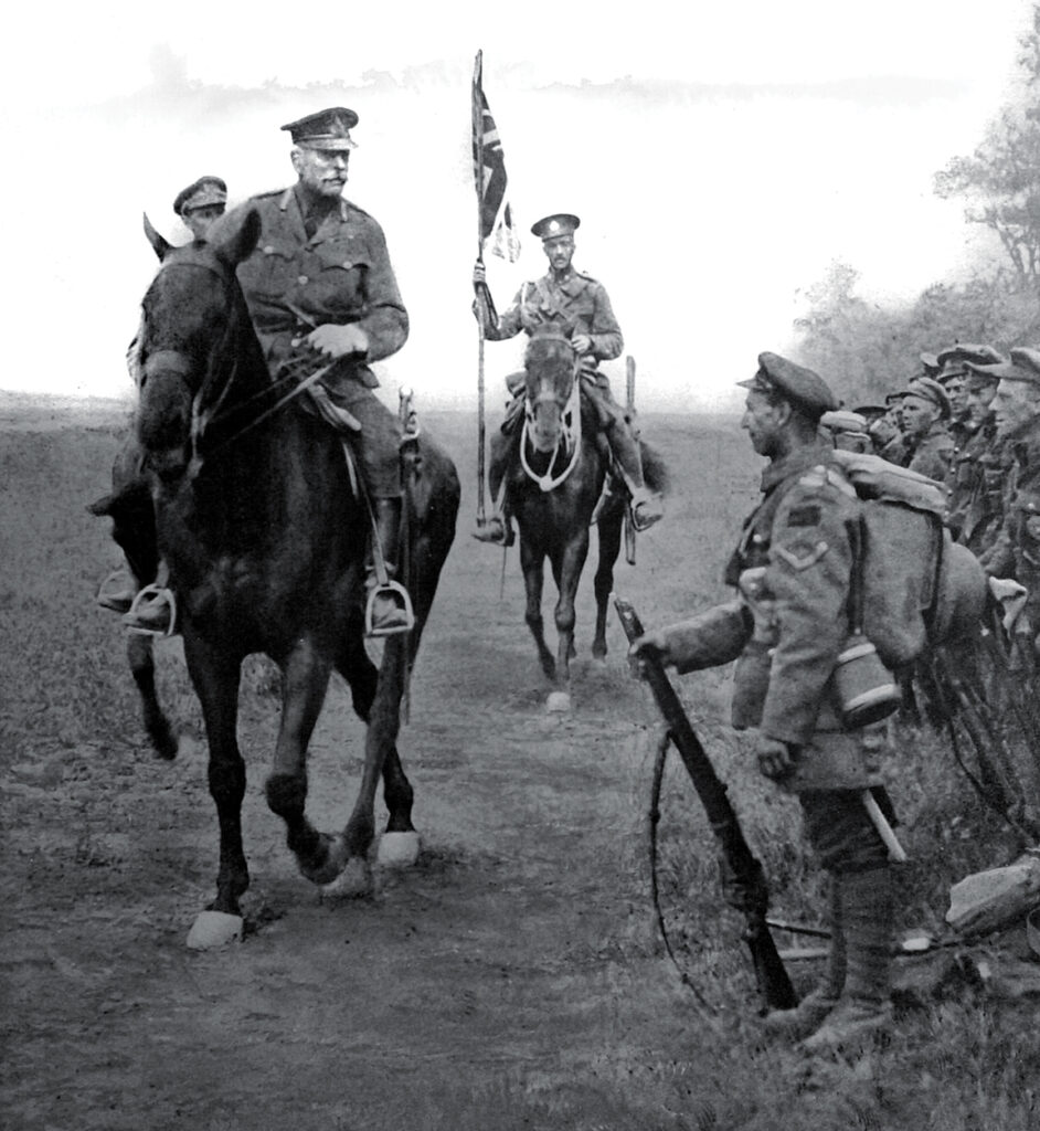 Photo of France, 1918, World War I, Battle between Lens and Soissons, Marshal Sir Douglas Haig (England) is congratulating a detachment of Canadian troops returning from battle.