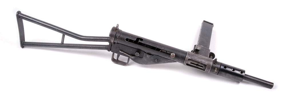 Photo of the C830DT 9mm Sten Mk.II SMG with 1st pattern stock assembly. The Sten was used by British and Commonwealth forces.