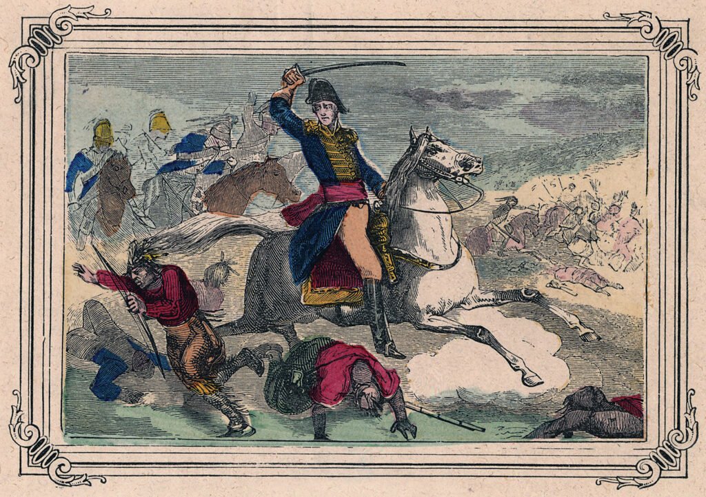 Engraving from the 1847 book, The Pictorial Life of Andrew Jackson depict scenes from the battles of Talladega, with Jackson on a white horse.
