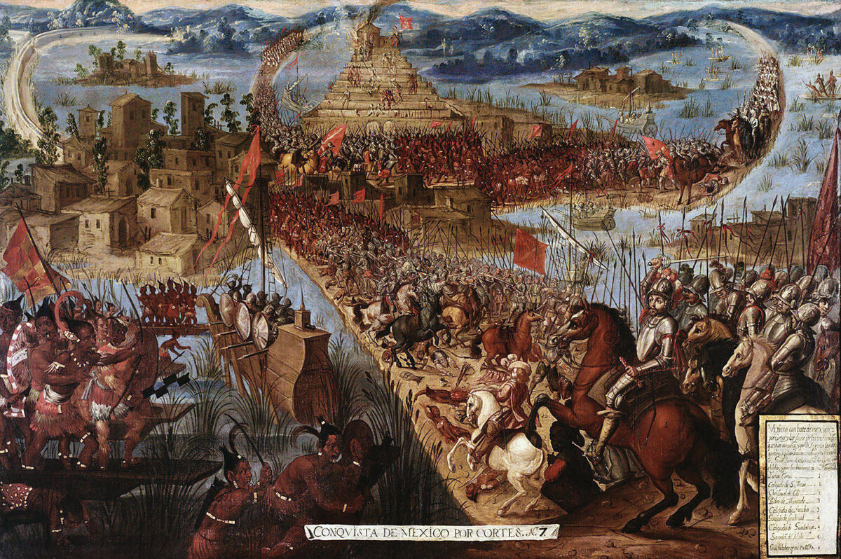 Painting of, In the summer of 1521 the culminating battles in the seesaw siege of Tenochtitlán (present-day Mexico City) pitted Cortés’ Spaniards and a host of Indian allies against the once dominant Aztecs.