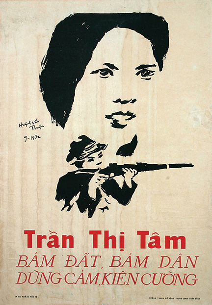 In 1953, a 20-year-old peasant girl named Tran Thi Tam led a guerrilla team of seven women on a mission against the French. Her spirit is shown here floating above a female solider, encouraging her and other women to fight.