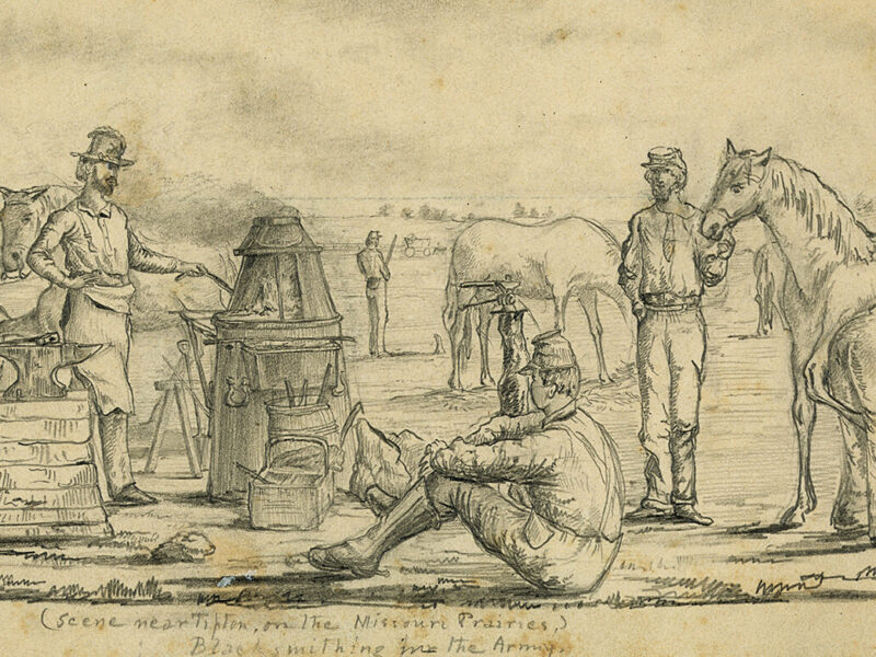 Drawing of a group of soldiers, one relaxing in foreground, one stoking a fire, and two putting shoes on horses. (Scene near Tipton, on the Missouri Prairies,) Blacksmithing in the Army.