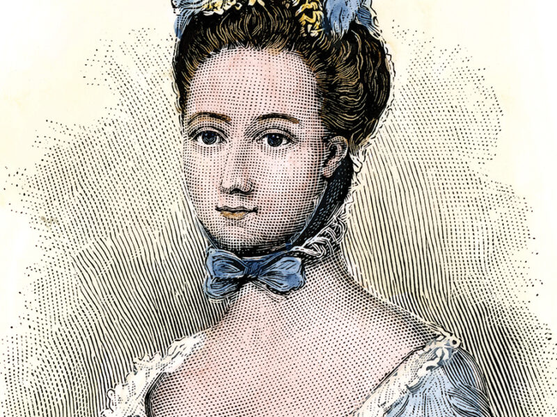 A hand-colored woodcut of Baroness Fredericka von Riedesel wife of a Hessian officer in the American Revolution.