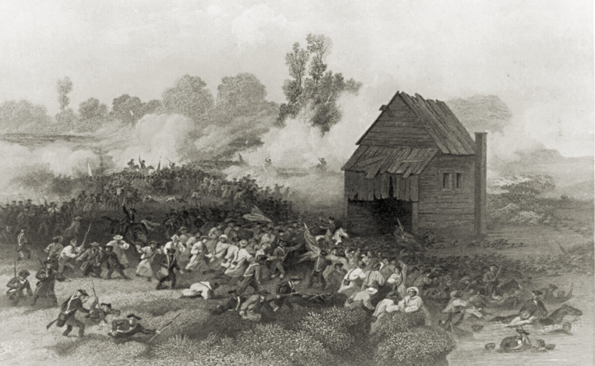 Drawing of the Battle of Long Island. Retreat of the Americans under Gen. Stirling across Gowanus Creek.
