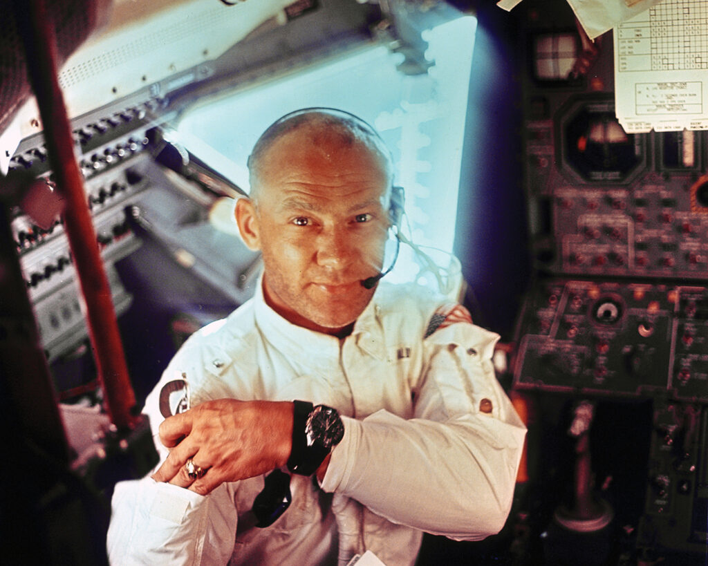 Photo of an interior view of the Apollo 11 Lunar Module shows Astronaut Edwin E. Aldrin, Jr., lunar module pilot, during the lunar landing mission. This picture was taken by Astronaut Neil A. Armstrong, commander, prior to the moon landing.