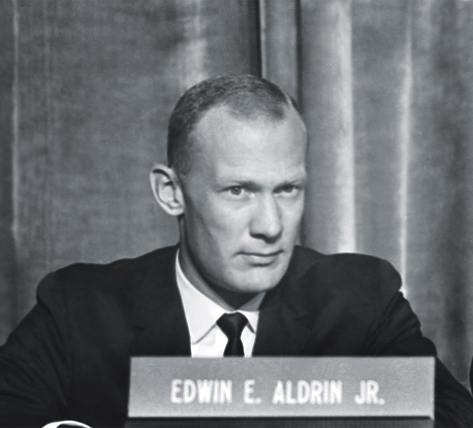 Photo of new astronaut Air Force Capt. Edwin Aldrin Jr., 33, is introduced to the press at Houston, Oct. 18, 1963.