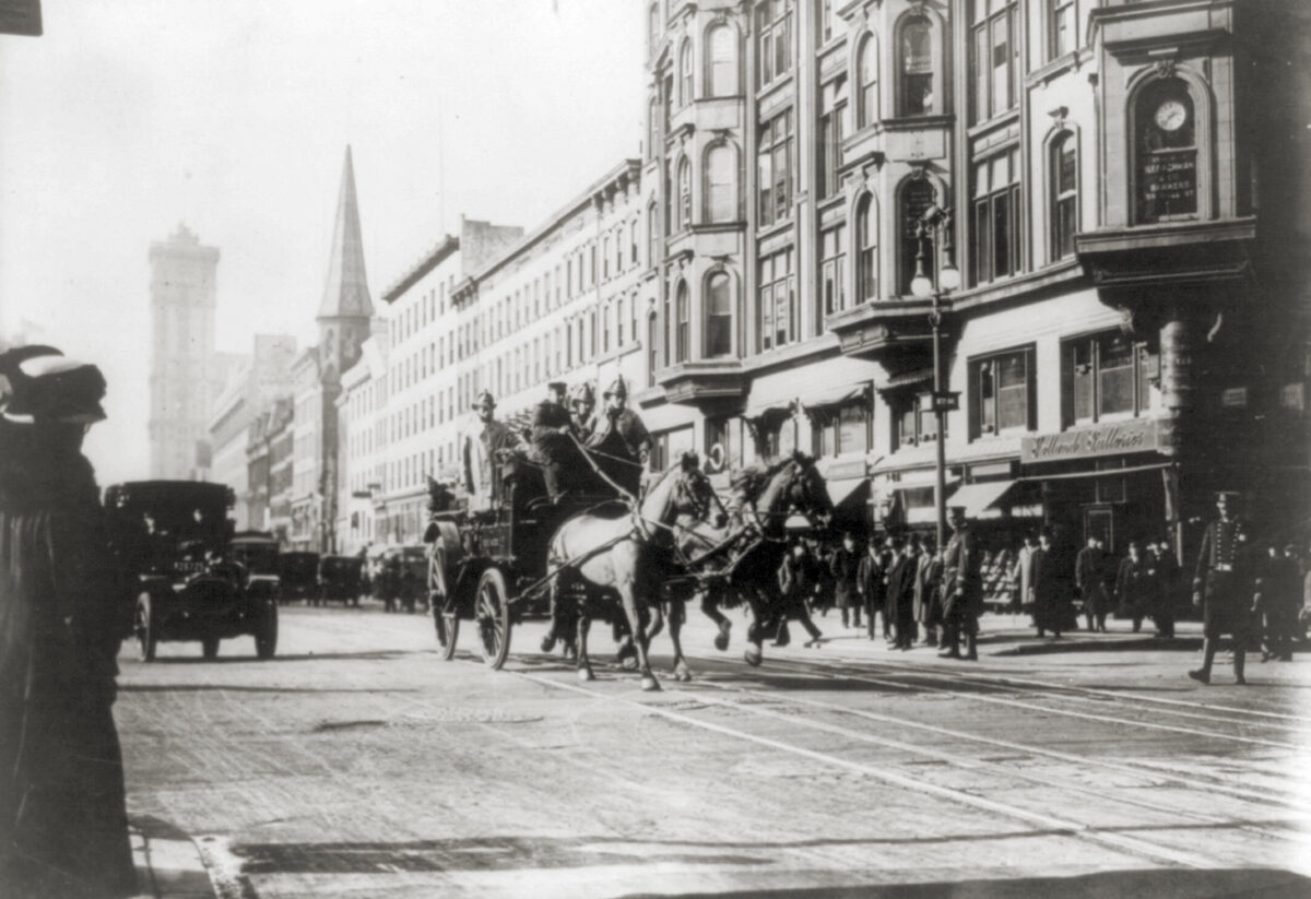 Photo of a horse-drawn fire engines in street, on their way to the Triangle Shirtwaist Company fire, New York City