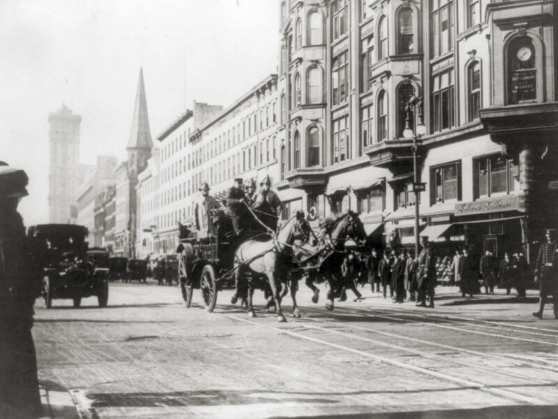 Photo of a horse-drawn fire engines in street, on their way to the Triangle Shirtwaist Company fire, New York City