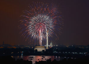 Photo of July 4th Fireworks. Washington DC is a spectacular place to celebrate July 4th! The National Mall, with Washington DC’s monuments and the U. S. Capitol in the background, forms a beautiful and patriotic backdrop to America's Independence Day celebrations.