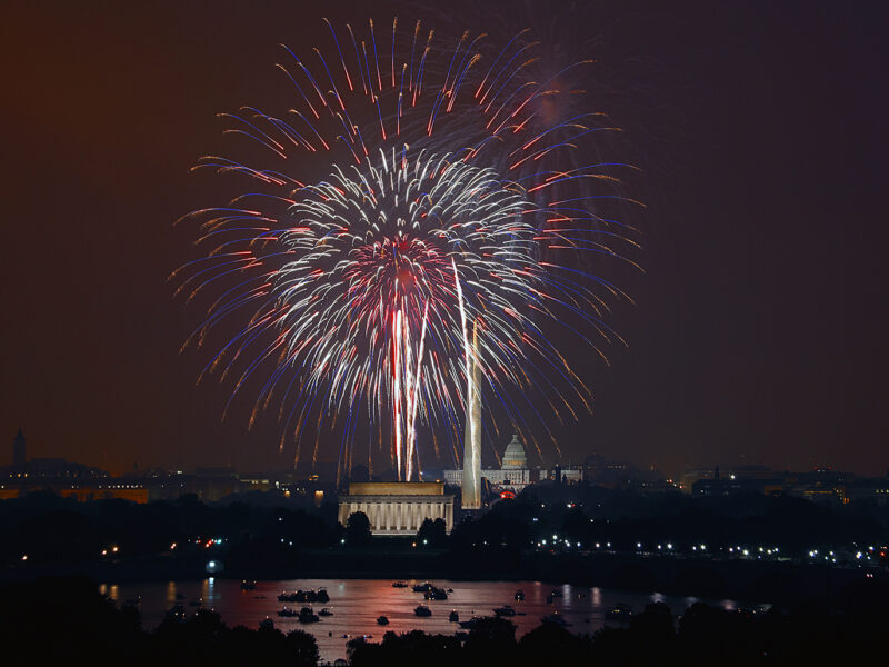 Photo of July 4th Fireworks. Washington DC is a spectacular place to celebrate July 4th! The National Mall, with Washington DC’s monuments and the U. S. Capitol in the background, forms a beautiful and patriotic backdrop to America's Independence Day celebrations.