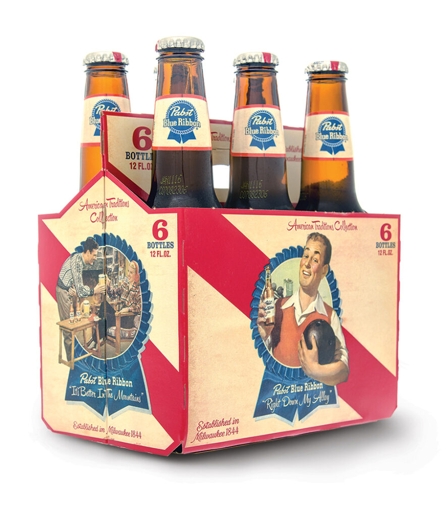 Photo of a six pack of Pabst Blue Ribbon beer.