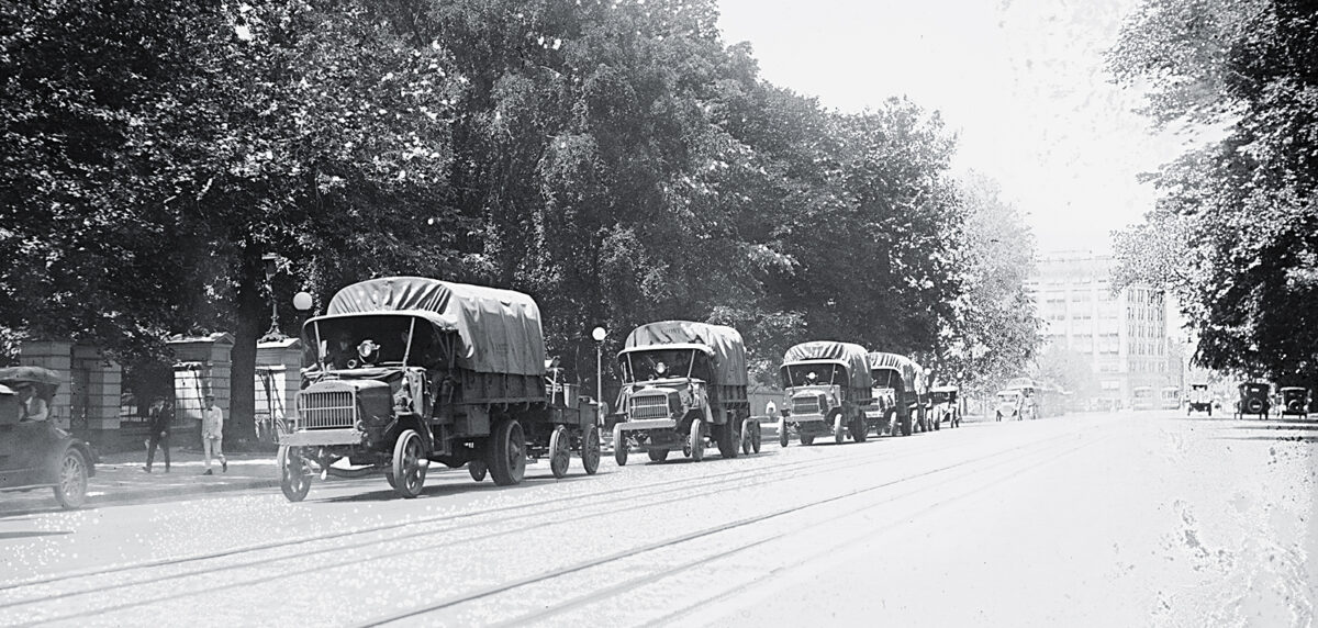 Photo of Trucks of the Motor Transport Corps which left Washington today on a trans-continental trip to the Pacific Coast. The Start was made from the zero-mile stone at the south front of the White House.