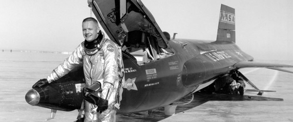 Neil Armstrong poses with the first X-15 in 1960. He flew seven X-15 missions, reaching 3,989 mph.  Photo by NASA