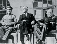 FDR flanked by Soviet leader Josef Stalin (left) and British prime minister Winston Churchill (right). [Library of Congress]