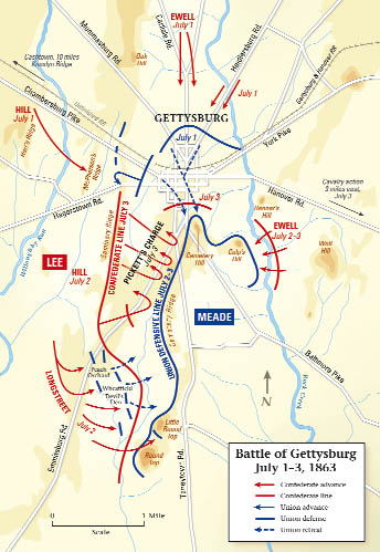 While the first two days of battle at Gettysburg were draws, July 3 ended with a terrible defeat for the Rebels. (Map by BAKER VAIL)