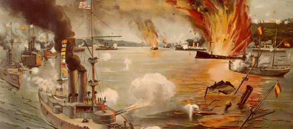 Rear Admiral George Dewey's flagship, USS Olympia (lower left), fires on the Spanish fleet during the May 1, 1898, Battle of Manila Bay. (Courtesy of U.S. Naval Historical Center)