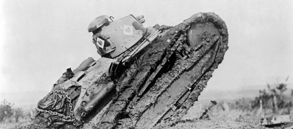 An upended Allied Renault FT-17 tank rises from a muddy frontline trench near Saint-Mihiel, France, in July 1918. (Library of Congress)