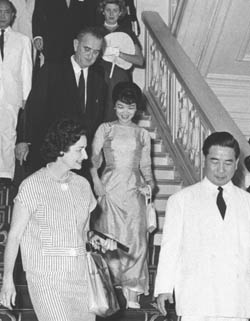 Madame Nhu with Vice President Johnson and President Diem during a Saigon visit in 1961 (LBJ Library)