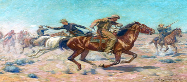Charles Schreyvogel's "Saving the Dispatch" captures the cavalry rescue of an express rider from raiding Indians. (Courtesy Cowan's Auctions, Inc., Cincinnati, Ohio)