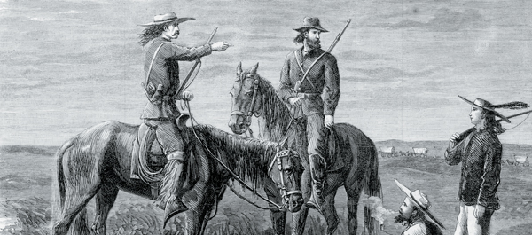 In a sketch from Harper's Weekly, Comstock (left) alerts fellow mounted scout Edmund Guerrier and two couriers during the 1867 Hancock Expedition. (World History Group Archive)