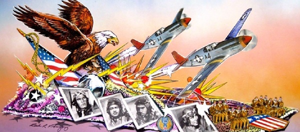 Artist's rendering of the Rose Parade float honoring Tuskegee Airmen, created by the West Covina Rose Float Foundation.