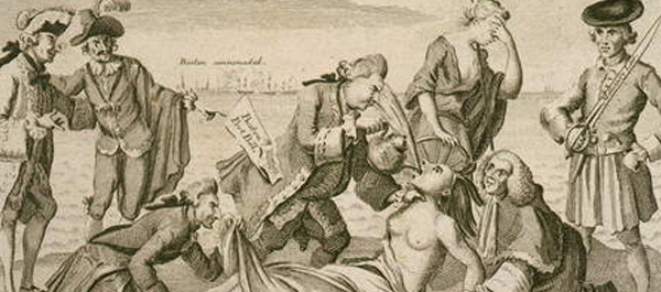 Britain’s Lord North forces tea down the throat of America (represented by a female figure) in a 1774 cartoon depicting retribution for the Boston Tea Party. (Library of Congress)