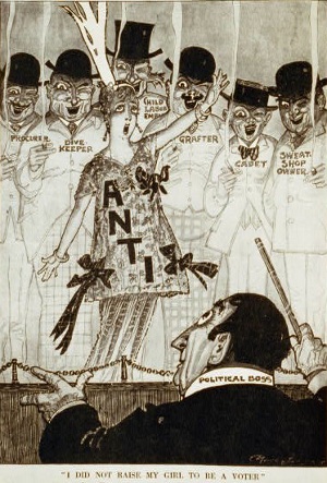 Not every woman supported suffrage. The “Anti” in this 1915 Puck cartoon is backed by morally corrupt interests (“Procurer,” “Child Labor Employer”) and others who supposedly would benefit from denying women the vote. (Library of Congress)