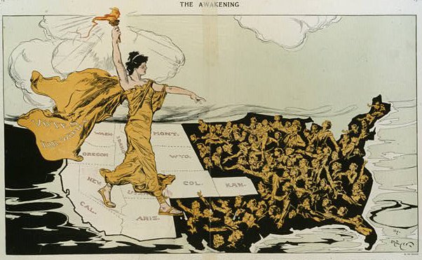 Western women bear the suffrage torch for their Eastern sisters in “The Awakening,” a 1915 cartoon from Puck magazine. (Library of Congress)