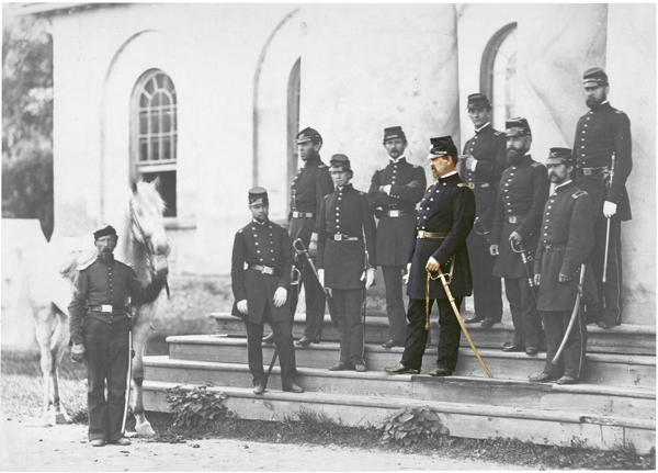 Irvin McDowell, center, and his staff were headquartered at Arlington the former home of Confederate General Robert E. Lee. Library of Congress; Colorization by Gregory Proch.