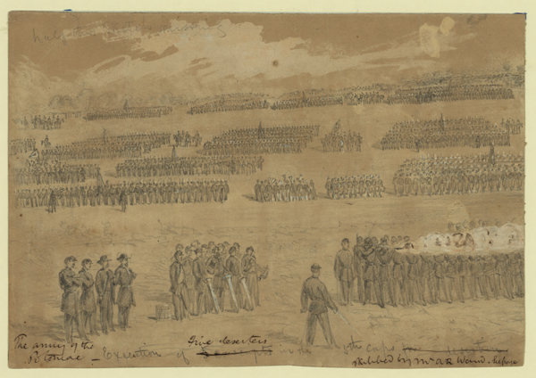 Execution by firing squad of five deserters from the Army of the Potomac's V Corp in August 1863. Sketch by Alfred Waud. Library of Congress.