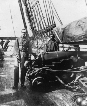 Crewmen aboard CSS Alabama pose next to the same type of 32-pounder that was recovered from the ship’s wreck site. Courtesy of the Museum of Mobile.