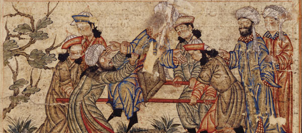 An agent of the Order of Assassins (left, in white turban) fatally stabs Nizam al-Mulk, a Seljuk vizier, in 1092, the first of many political murders by the sect. The faces in this depiction, which was contained in an illustrated 14th-century manuscript, were later scratched out (Topkapi Palace Museum, Cami Al Tebari TSMK, Inv. No. H. 1653, folio 360b)