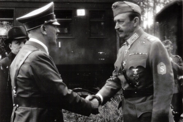 Finnish Leader Carl Gustav Mannerheim accepts 75th birthday wishes from Adolf Hitler in 1942. Two years later, Finnish troops would be fighting the Germans (National Archives).