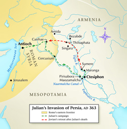 JULIAN'S INVASION OF PERSIA, AD 363: Julian drove deep into Persia  to try to take its capital, Ctesiphon. He was killed in battle at  Sumere after a five-month campaign that began in Antioch (Map By Baker  Vail, www.bakervail.com). 