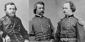 Having already beaten the Rebels three times in Mississippi, Major General Ulysses S. Grant (left) divided his forces along three neighboring roads leading to Vicksburg, with no fear of defeat. Major General John A. Logan (center) and Brig. Gen. Alvin P. Hovey (right) moved their soldiers along the Jackson Road leading to Champion's Hill (National Archives).