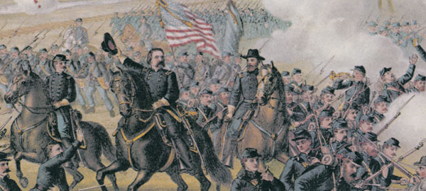Major General John Logan leads his troops around the Rebel flank at about 1:30 on May 16, 1863, forcing Alfred Cumming's Georgia Brigade to retreat or be captured (Kurtz & Allison).