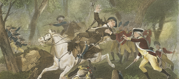 British Major Patrick Ferguson falls from his mount, struck down by a Rebel rifle volley at Kings Mountain in fall 1780. (Anne S.K. Brown Military Collection, Brown University Library)
