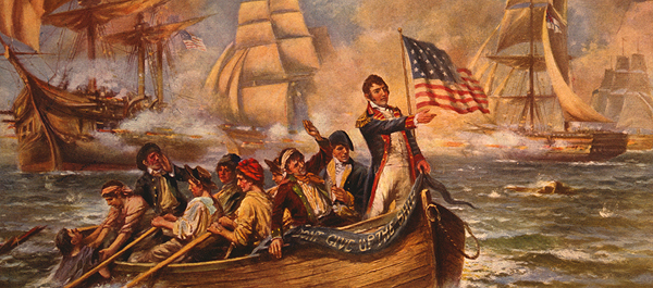 A somewhat romanticized 1911 painting depicts Oliver Hazard Perry transferring his flag from the badly damaged Lawrence to Niagara at the height of the 1813 Battle of Lake Erie. (Library of Congress)