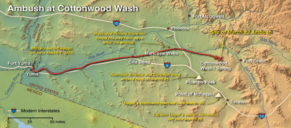 A March 1866  ambush at the wash ended the planned 250-mile trek across the desert from Fort Yuma to Fort Grant, but not the drama for survivors and the men sent to find them. (Map by Joan Pennington)