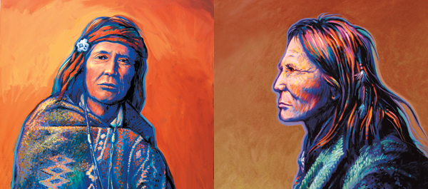 Paul Sheldon, long drawn to Apaches, has painted famed Apache scout Alchesay as both a younger man, left, and an older man. (Photos courtesy Paul Sheldon)