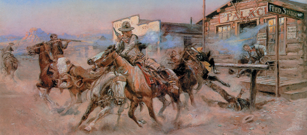 Charlie Russell's painting "Smoke of a .45" captures a small-town gunfight much like the February 1884 shootout at Stoneville, Montana Territory. (World History Group Archive)