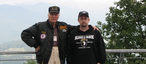 Chad Weisensel, co-founder of Band of Brothers Tours, with Fred Bahlau, a WWII veteran of the 506th Parachute Infantry Regiment, 101st Airborne.