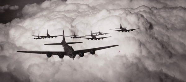 B-17 bombers in formation. 'The Bombing of Germany' on American Experience explores the evolution of tactics, the moral conundrums and internal battles of the bombing campaign against Germany in WWII. Courtesy the Mighty 8th Museum.